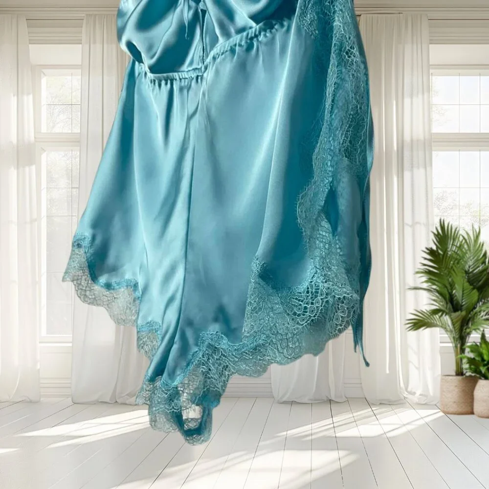 Victoria's Secret Medium Satin Side-Tie Teddy Romper Bodysuit Lace Blue - Picture 4 of 15